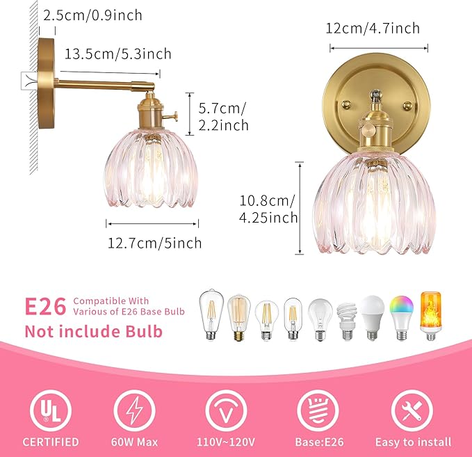 Wall Light Fixture with Tulip Pink Glass Lampshade, Indoor Wall Light for Bedroom Bathroom, Bedside Wall Lamp