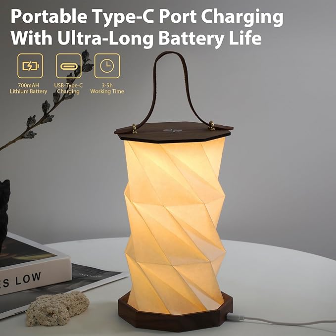 Ba sus Wooden Rotating Table Lamp, Warm Light Design with Leather Handle, Long Press Dimming Function, Built-in Battery & USB Rechargeable, Adjustable Heights for Bedroom, Living Room, Camping