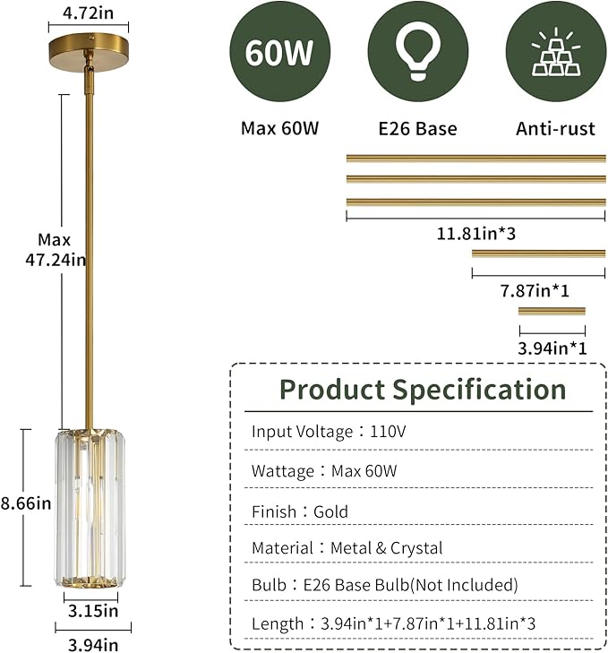 Gold 3-Pack Modern Pendant Lights for Kitchen Island, 1-Light Mini Crystal Chandeliers Set with E26 Base, Small Hanging Luxury Fixtures for Dining Room, Bedroom, Foyer and Hallway