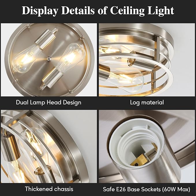 2-Light Round Flush Mount Ceiling Light, Farmhouse Brushed Nickel Metal Cage Close to Ceiling Light Fixture, 11inch E26 Base Semi Ceiling Mount Lamp, Modern Pendant Lighting for Porch Hallway
