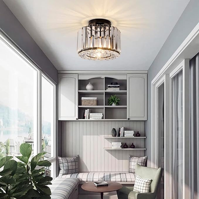 Black Crystal Semi Flush Mount Ceiling Light, Modern Chandelier, 9.06" Diameter, 7.28" Height, Bedroom, Dining Room, Kitchen