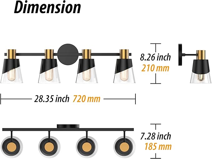 URSOLA Bathroom Light Fixtures, 4 Lights Bathroom Lighting Fixtures Over Mirror, 28.34 inch Black and Gold Design with Bevelled Edge and Clear Glass Shade Wall Lamp