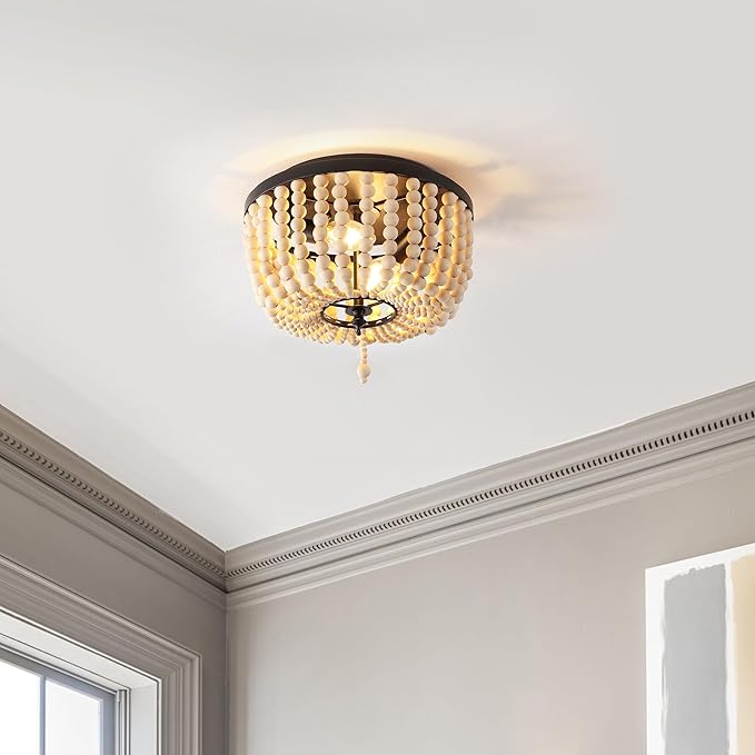 JONATHAN Y 10" Black/Cream Allison 2-Light LED Flush Mount Ceiling Light for Bedroom, Wood Beaded Shade Shabby Chic Farmhouse Rustic Decor, LED Bulbs Included (JYL9074B)