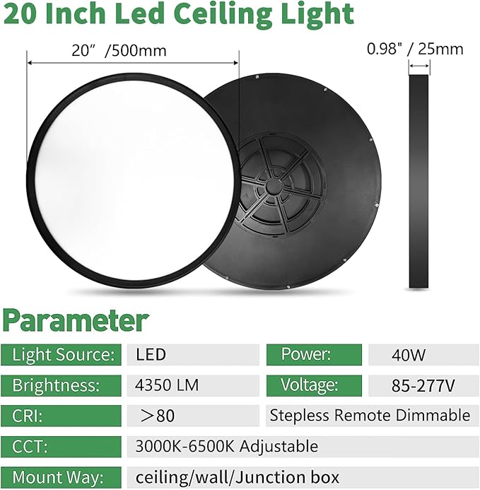20 Inch Large LED Flush Mount Ceiling Light with Remote,40W,4350LM,3000K-6000K Selectable,Black Round Flat Panel Low Profile Ceiling Light Fixture for Kitchen,Bedroom,Hallway,Bathroom