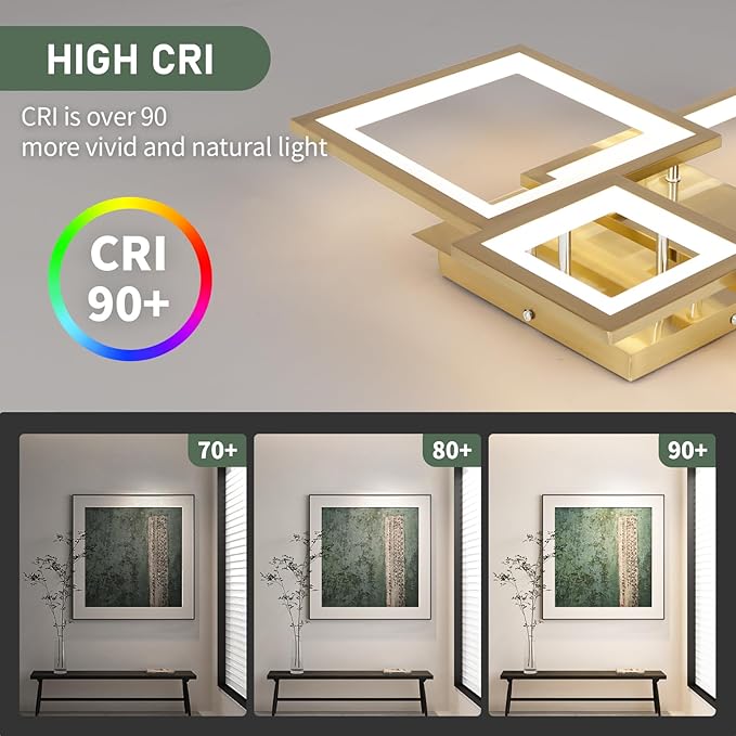 Modern Gold Led Ceiling Light 3-Square Design 3000K-6500K Dimmable LED Ceiling Light with Remote 33W Acrylic Ceiling Lighting Fixture for Bedroom Kitchen Dining Room Office Lamps