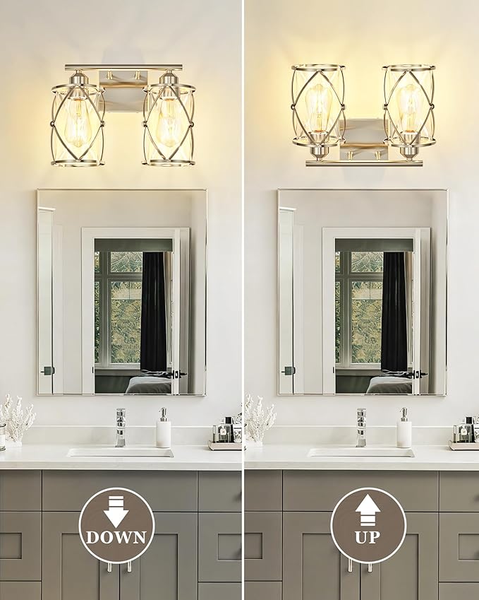 2-Light Brushed Nickel Bathroom Light Fixtures, 13.8 Inch Modern Bathroom Vanity Lighting Fixtures Over Mirror with Clear Glass and Metal Cage Wall Sconce Lights for Bath, E26, CH9176BN-2W