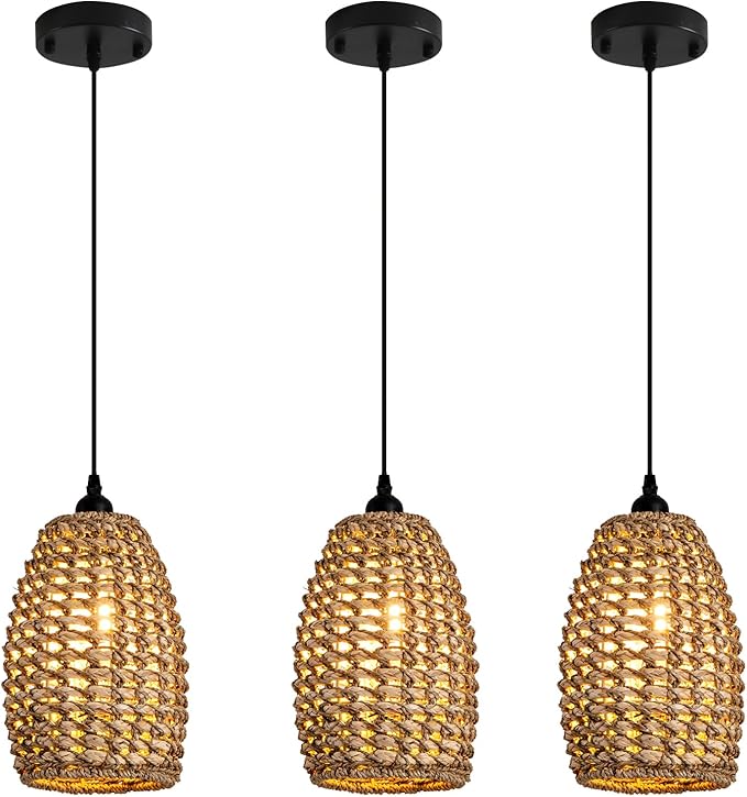Mini Rattan Pendant Light Fixtures,7.09" Boho Pendant Light,3-Pack Hand Woven Seagrass Rattan Chandelier for Dining Living Bedroom Kitchen Farmhouse