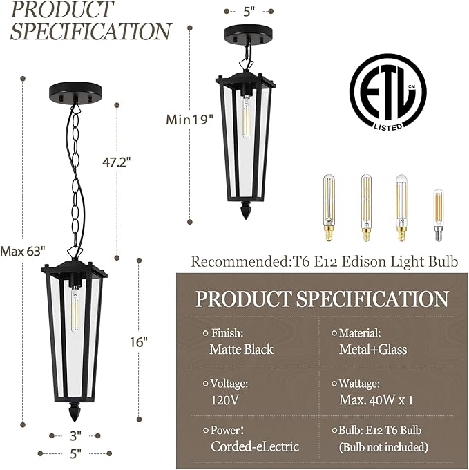 Outdoor Pendant Lights for Porch, 16" Black Outdoor Pendant Light with Clear Glass, Modern Hanging Porch Lighting Fixtures with Adjustable Chain for Gazebo Foyer, OS-OD2615-1HM