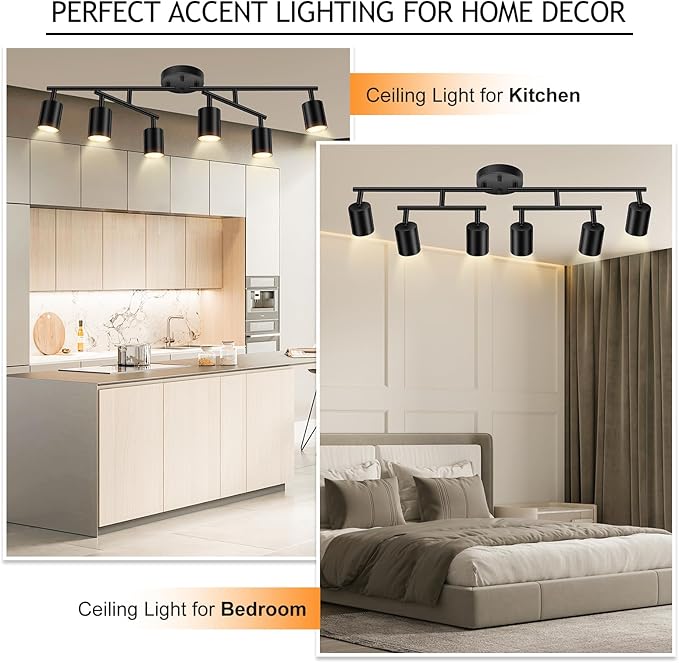 BoostArea 6 Light Track Lighting Kit, Black 6 Way Ceiling Spot Lighting, Center Swivel Track Light Heads, Flexibly Rotatable Light Head for Kitchen, Living Room, Bedroom, GU10 Bulb Not Included