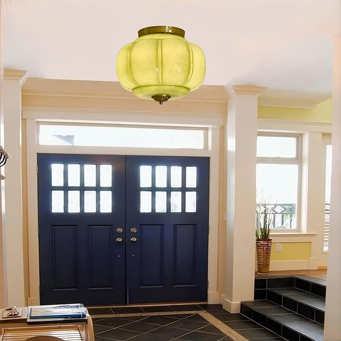 LIGHTLAND Milk Glass Ceiling Light, 15 Inch 3-Light Metal Glass Flush Mount Ceiling Light Fixture for Entryway, Hallway, Living Room, Bedroom (Style C, Green)