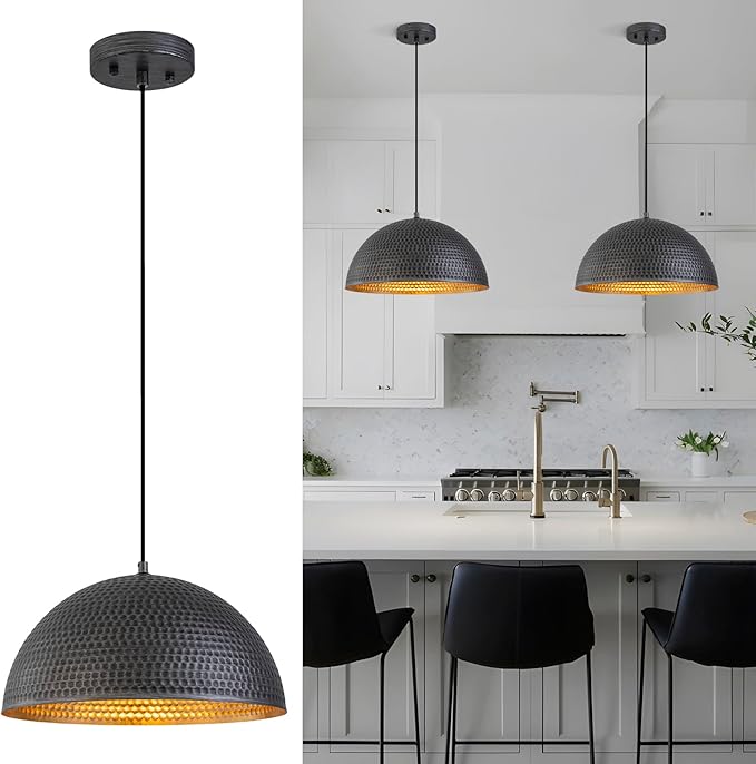 15.7" Farmhouse Pendant Lights Kitchen Island,Black and Silver Hammered Large Industrial Chandelier,Adjustable Metal Dome Pendant Lights for Dining Room,Bedroom,Hallway