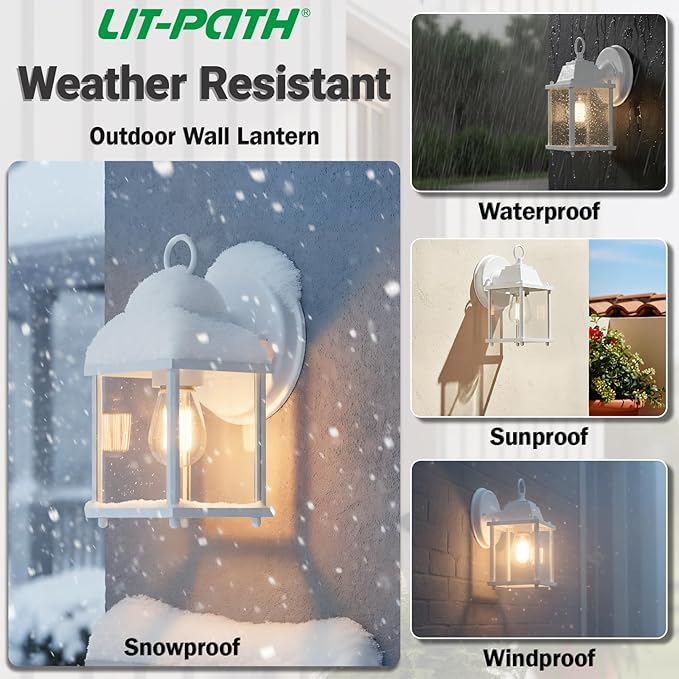 LIT-PaTH Outdoor Wall Lantern, Wall Sconce as Porch Lighting Fixture, E26 Base, Aluminum Housing Plus Glass, Water-Proof and Outdoor Rated, ETL Qualified, 1-Pack, White