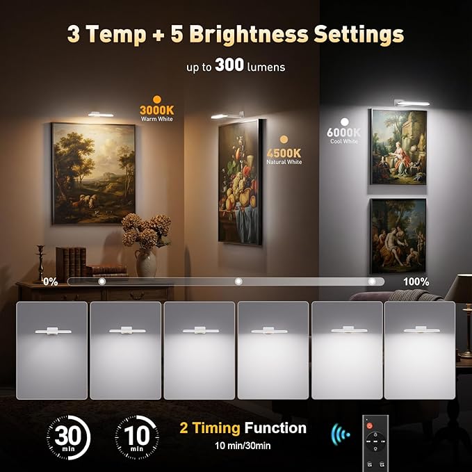 Picture Lights Battery Operated with Remote, Rechargeable Picture Lights for Wall, 3CCT&Brightness Dimmable,300 LM, Sticker/Screw Installation, Art Light for Gallery, Artwork, White (1p)