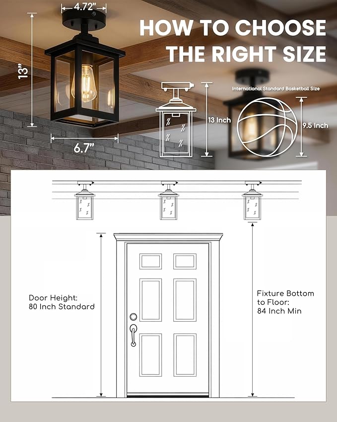 FEMILA Dusk to Dawn Porch Ceiling Lights Outdoor, 13" Matte Black Semi-Flush Mount Ceiling Lights, E26, for Entryway, Hallway, Garage, Kitchen, ETL Listed, 4FYX88F SE BK