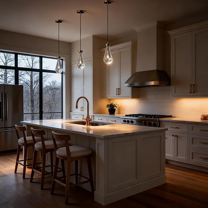 Raindrop Pendant Lights Kitchen Island Set of 3, Brass Teardrop Pendant Lights Dining Room Modern Gold Rain Pendants Glass Waterdrop Pendant Light for Island, Living Room,Included E12 Bulb