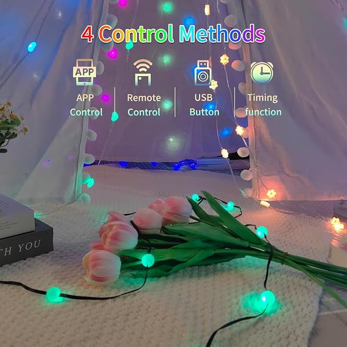 Smart Flower Fairy Lights, 33FT 66 LED String Light, Halloween Lights Outdoor for Party with App, Music Sync,Group Control String Lights for Bedroom, Party, Wedding,