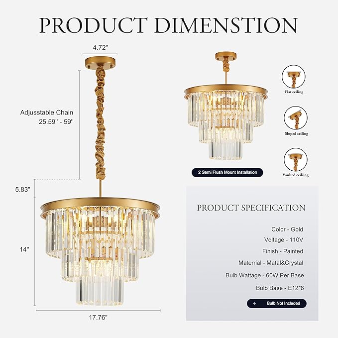 8-Light Gold Crystal Pendant Light, 3-Tier 17.76" Luxury Crystal Pendant Light Perfect for Dining Room, Bedroom, Kitchen, Living Room
