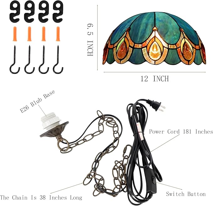 Tiffany Pendant Light Plug in Stained Glass Hanging lamp 12X12X181 Inch Hanging Lamp Living Room Bedroom Kitchen Dining Room Office（Peacock Crystal Style