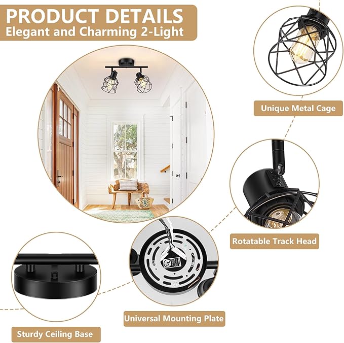 2-Lights Kitchen Light Fixtures Ceiling Mount, Adjustable Semi Flush Mount Ceiling Light with Metal Wire Cage, Vintage Track Spotlight Ceiling Fixtures for Dining Room, Farmhouse, Entryway