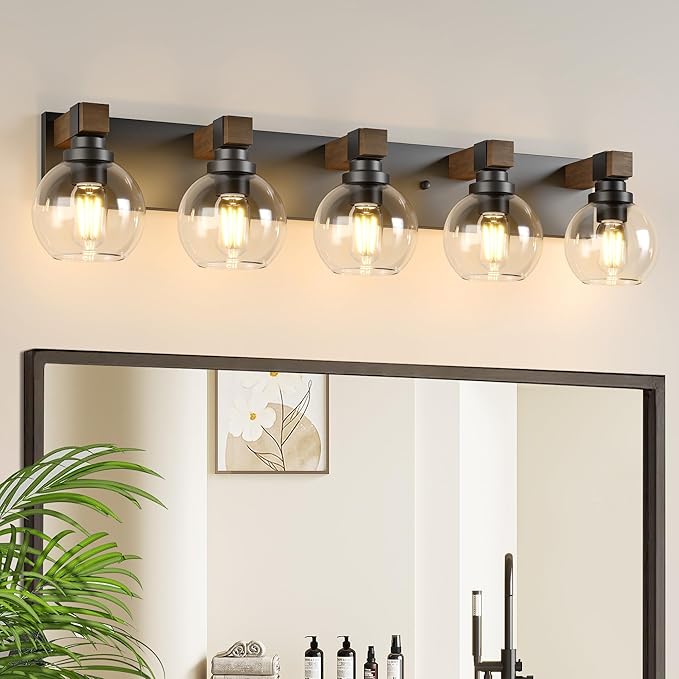 Farmhouse Bathroom Vanity Light Fixtures, 5-Light Wood Bathroom Light Fixtures Over Mirror, Rustic Vanity Lighting with Glass Shade for Living Room, Bedroom, Hallway