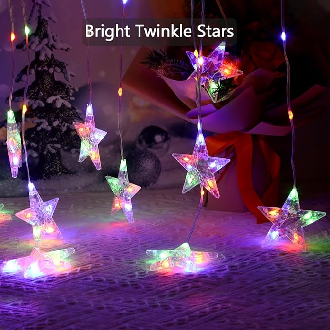 Star Curtain Lights Battery Powered, 10ft x 3.3ft Warm White & Multicolor Twinkle Fairy String Lights Curtain, Timer & IR Remote for Bedroom Backdrop Indoor Outdoor Christmas Party Decor