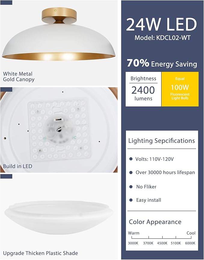 kudos Flush Mount Light Fixture, 16-inch LED Ceiling Light Fixture, White and Gold Finish, 24W 2400lm Light Fixtures for Living Room, Kitchen, Bedroom, Hallway, 5CCT, KDCL02-WT