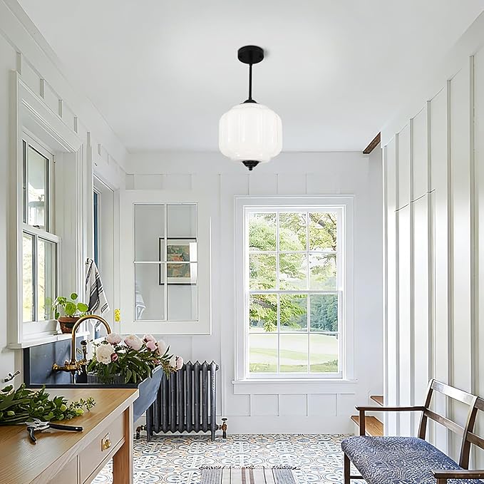 Antique Black Milk Glass Ceiling Light Fixture, 9.8in Vintage Semi Flush Mount Pendant Light, Retro Milk Glass Chandelier for Entryway, Dining Room, Bedroom, Hallway, Foyer