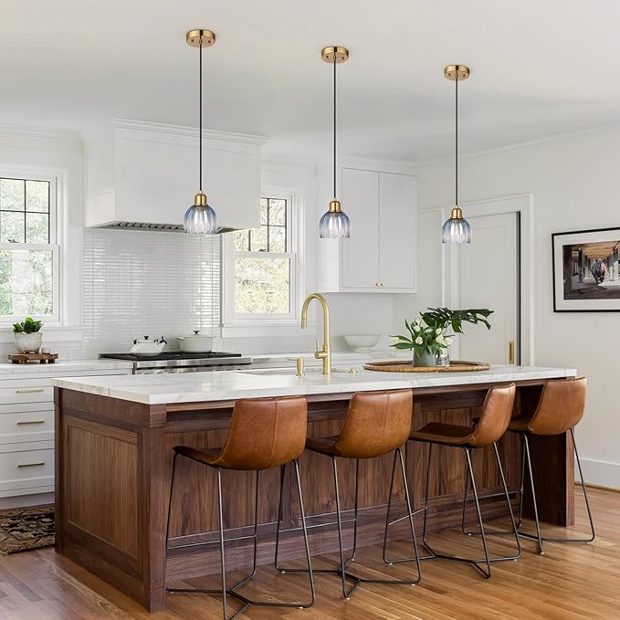 TALOYA Pendant Light with Blue Tulip Glass Lampshade, Brass Vintage Pendant Light Adjustable Hanging Light for Kitchen Island Bedroom Dining Room Hallway& Bar