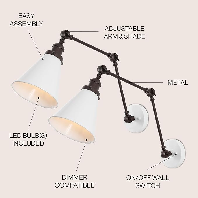 JONATHAN Y 7" White/Oil Rubbed Bronze Classic Industrial Metal Adjustable Arm LED Wall Sconce for Bedside Reading, Farmhouse Swing Arm Wall Lamp with Metal Shade, Hardwired (JYL7462C-SET2)