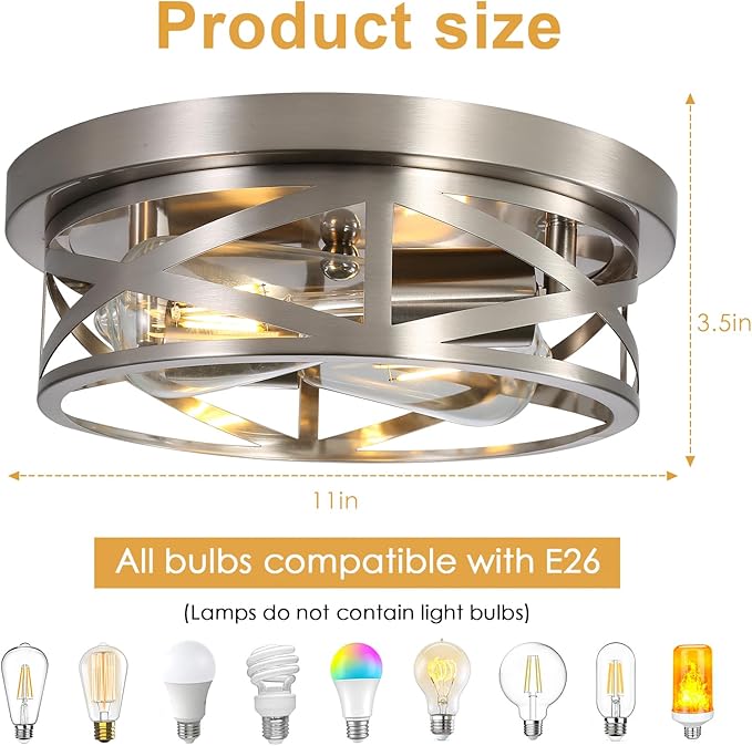 Flush Mount Ceiling Light Fixtures, Indoor Cage Brushed Nickle Close to Ceiling Light, 11 in Metal Modern Rustic Industrial House Lights for Hallway Kitchen Bedroom Entryway Office