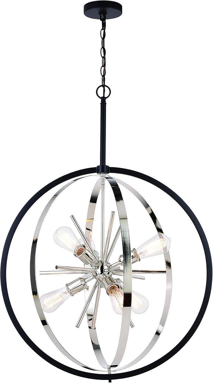 VAXCEL Estelle 26.75-in Polished Nickel and Black Mid Century Modern 6 Light Globe Sputnik Hanging Ceiling Pendant Chandelier