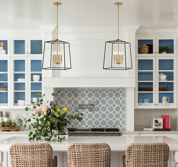Kira Home Bellevue 18" 4-Light Modern Black Lantern Pendant Light, Large Gold and Black Geometric Metal Cage Chandelier, Warm Brass and Black Finish