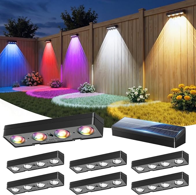 JOFIOS Solar Fence Lights, Warm White, Cool White and RGB Color Glow LED Solar Lights Outdoor, IP65 Waterproof Solar Wall Lights for Patio, Backyard, Railing, Deck and Wall, Home Improvement, 8 Pack