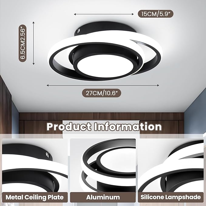 CANEOE Small Modern LED Ceiling Light,2 Rings Creative Design Ceiling Lamp Black Indoor Hallway Light Fixtures for Living Room Bedroom Kitchen Office (Cool White,6000K)