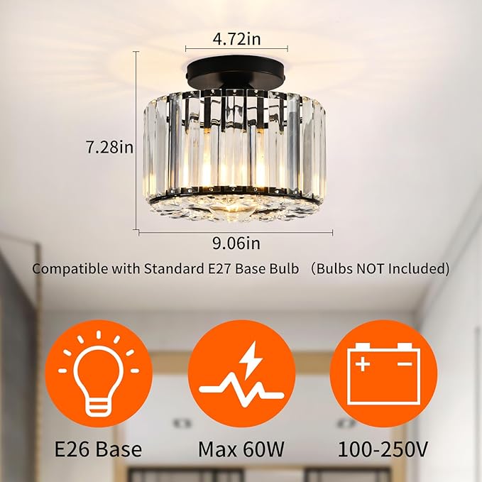 Crystal Ceiling Light, Semi Flush Mount Ceiling Light Black Crystal Chandelier for Bedroom Kitchen Hallway Entrance Balcony Dining Rooms Living Rooms Bar