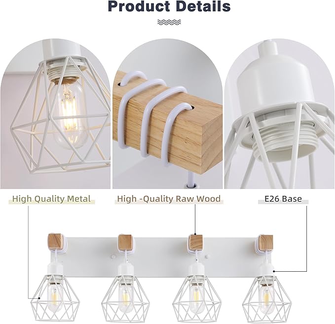 White Bathroom Vanity Light Fixtures, 4-Light Wood Bathroom Light Fixtures Over Mirror, Rustic Sconces Wall Lighting with Elegant Metal Lampshade for Living Room, Bedroom, Hallway