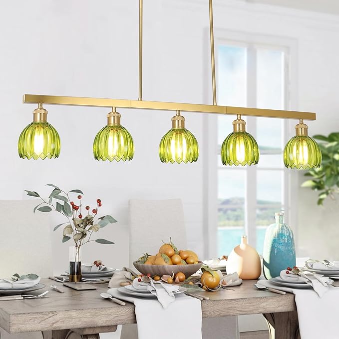 5-Lights Modern Chandeliers for Dining Room, Gold Pendant Light Fixtures with Green Flower Shade, Entryway Chandelier Pendant Lighting for kitchen island, Linear Hanging Dining Room Light Fixture