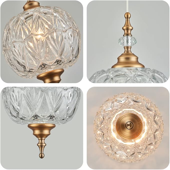 Modern Brass Pendant Light Antique Delicate Decorative Pattern Glass Ceiling Pendant Lighting Fixtures for Kitchen Island Bedroom Dinning Room with Original Design