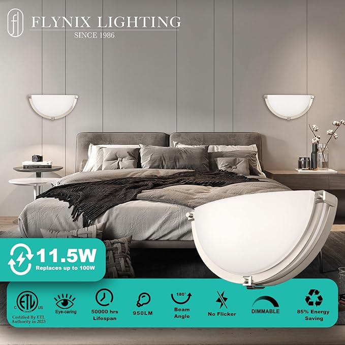 13 inch Dimmable LED Wall Sconce, Half Moon Wall Light Fixture, 3000K/4000K/5000K Color Temperature Adjustable, Modern Bathroom Vanity Light Fixtures，Super Bright 950 Lumen (Brushed Nickel)
