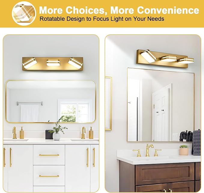 360° Rotate LED Bathroom Vanity Light Fixtures, 1300LM Acrylic Gold Vanity Lights for Bathroom, Modern Wall Lighting Fixtures Over Mirror Kitchen Living Room Hallway (Natural White Light 5000K)