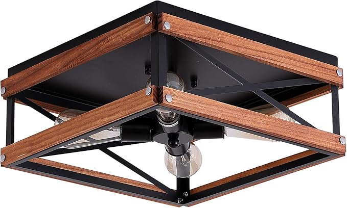 4-Light Rustic famrhouse Flush Mount Ceiling Light Metal and Wood Square Flush Mount Ceiling Light Fixture for Hallway Bedroom Kitchen Entryway Living Room, Black