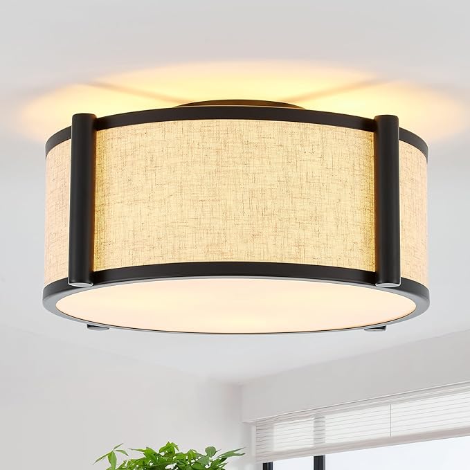 13" Semi Flush Mount Ceiling Light Modern 3-Lights Black Drum Ceiling Light Fixture with Fabric Linen Shade, Vintage Modern Ceiling Lighting for Laundry Room, Kitchen, Basement, Bedroom