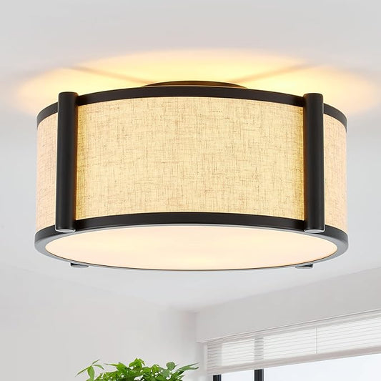 13" Semi Flush Mount Ceiling Light Modern 3-Lights Black Drum Ceiling Light Fixture with Fabric Linen Shade, Vintage Modern Ceiling Lighting for Laundry Room, Kitchen, Basement, Bedroom