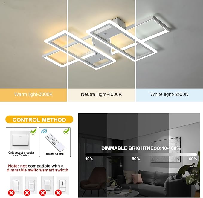 GEADI Modern Dimmable Ceiling Light Fixture,35.4" White LED Flush Mount Ceiling Lights with Remote Control,4 Ring Square Light Fixture for Bedroom Dining Room Living Room Kicthen (80W)