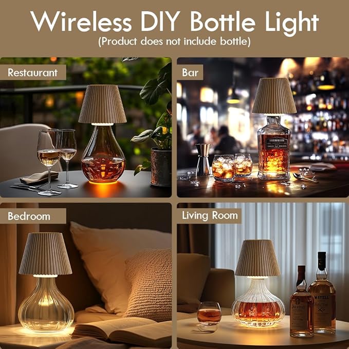WILIT Wireless Bottle Lamp, 3-Level Brightness Rechargeable Cordless Table Lamp Shades, Night Light, Battery Operated Lamp for Bedroom, Bar Decorations for Home, Gifts for Mom Dad