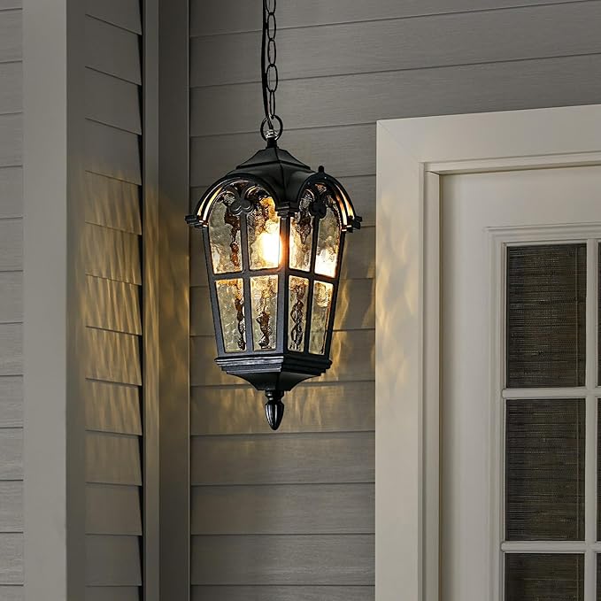 Black Outdoor Pendant Lights for Porch Hallway Patio, Aluminium Exterior Hanging Light Fixture, Outside Waterproof Vintage Hanging Lantern Light, Height Adjustable Outdoor Pendant Lamp