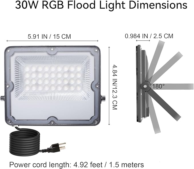 RGB LED Flood Lights Outdoor,Color Changing,30W (300W Equivalent),3000LM, Works with Bluetooth App or 2.4G Remote Control,IP66 Waterproof,16 Million Colors, Timing, Music Sync,5000K,2-Pack