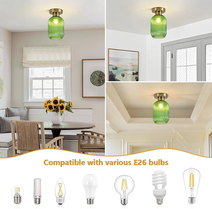 BOKT Globe Glass Ceiling Light Fixture Vintage Semi Flush Mount Ceiling Light Modern Classic Green Open Glass Shade Ceiling Hanging Light Fixtures for Bedroom Living Dining Room
