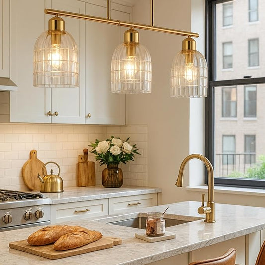 FRIXCHUR Gold Kitchen Island Lighting, 3-Lights Linear Chandelier Pendant Light with Clear Glass Shade, Height Adjustable Industrial Chandelier Pendant Light for Kitchen Island Dining Room