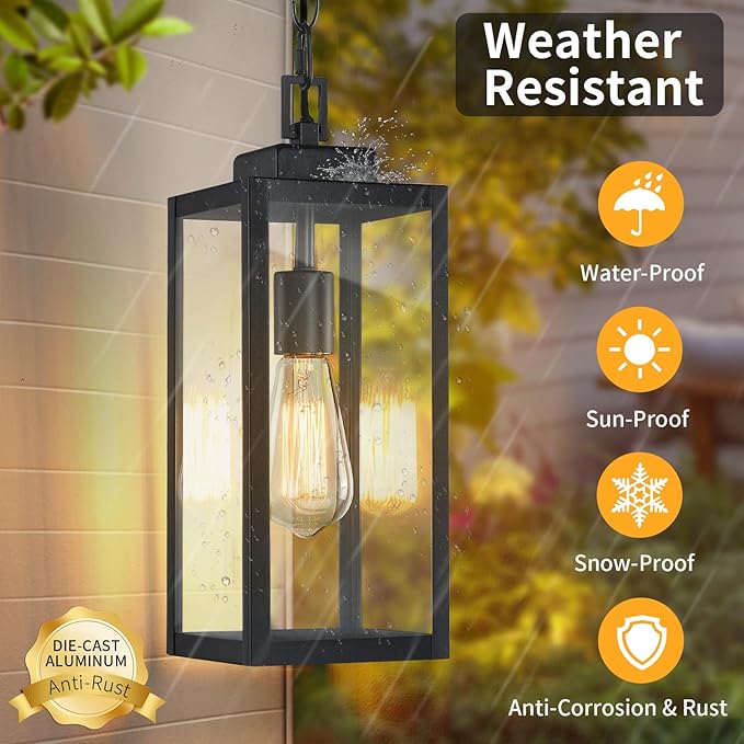 2 Packs 15'' Large Outdoor Pendant Light, Modern Outside Chandelier Outdoor Hanging Lantern Light, Matte Black with Clear Glass, Exterior Pendant Lighting Fixture Ceiling Mount for Porch, Gazebo